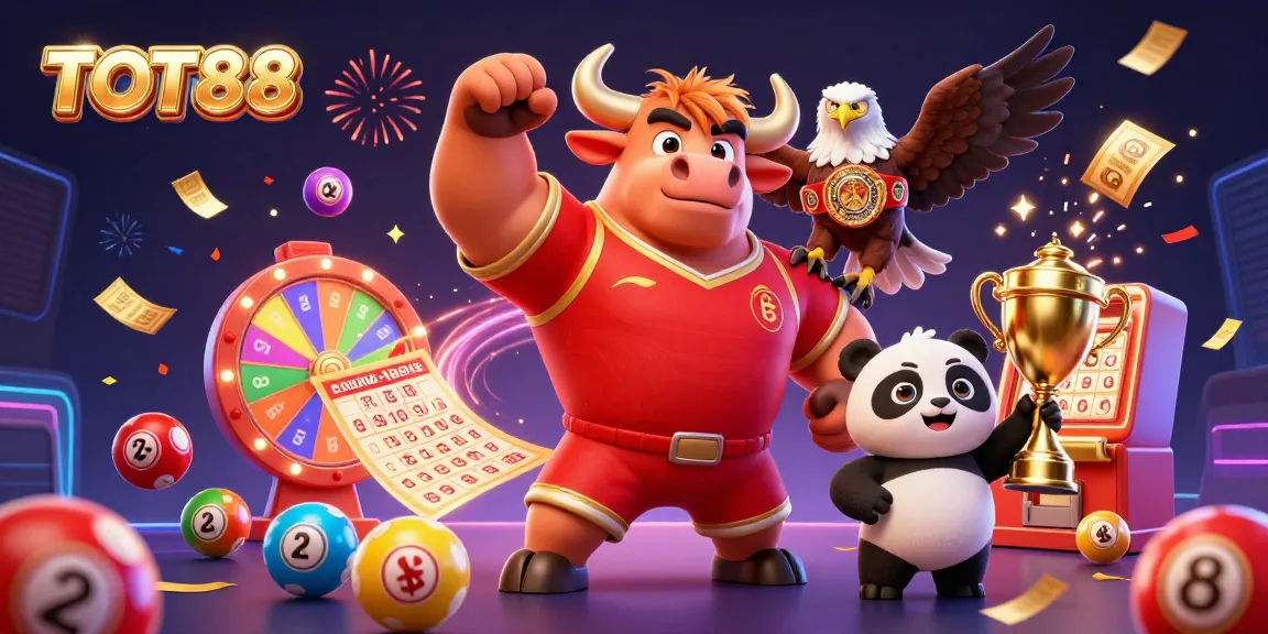 Celebrate gaming with TOT88's vibrant illustration featuring dynamic characters and exciting lottery elements.