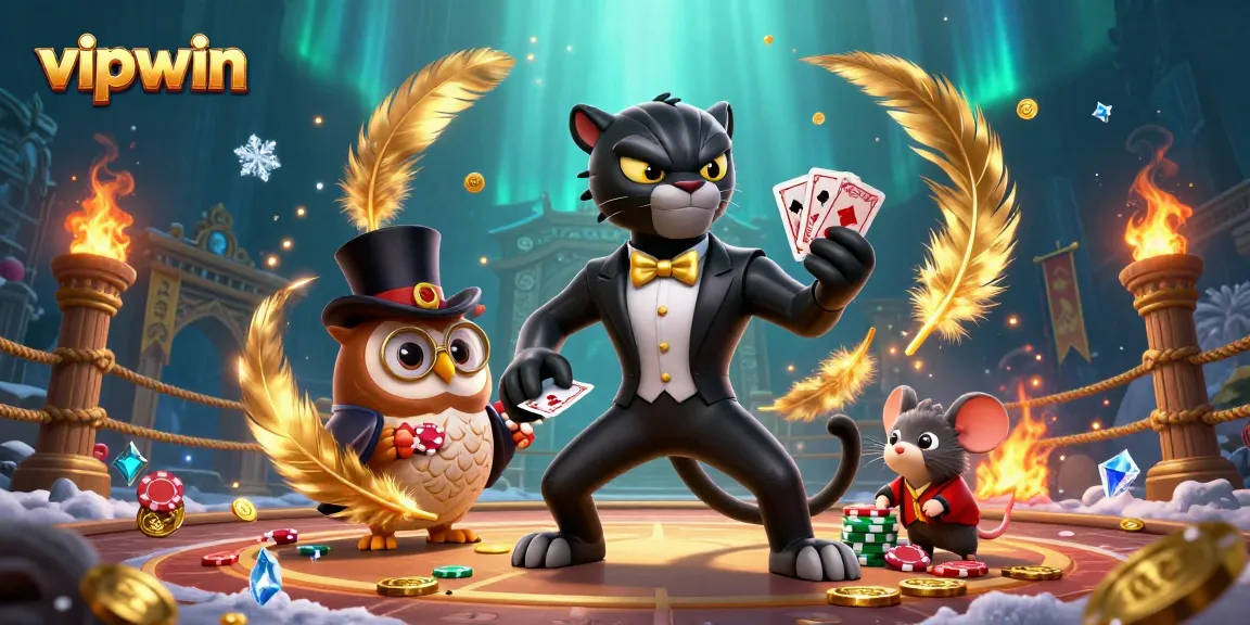 Experience the excitement of vipwin casino with a cat dealer, owl chip holder, and mouse player in a dynamic gaming scene.