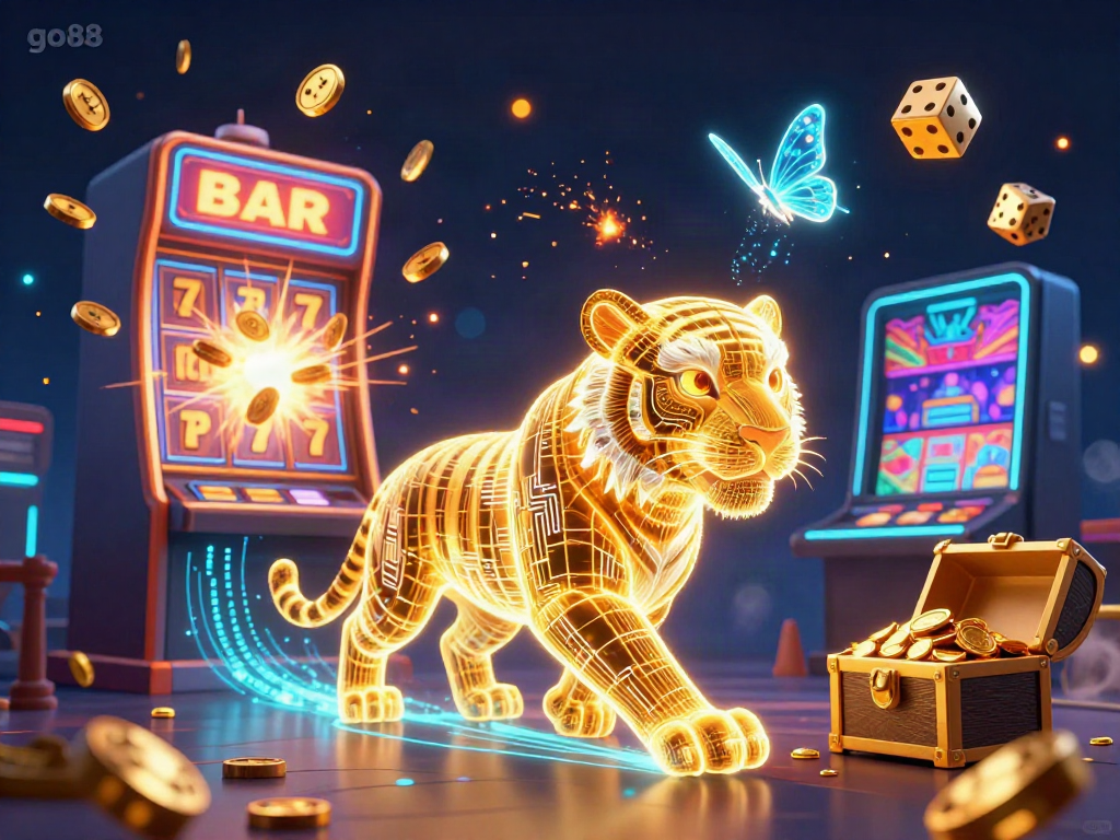 Experience the thrills of go88 in this vibrant casino scene featuring a neon tiger and exciting game elements.