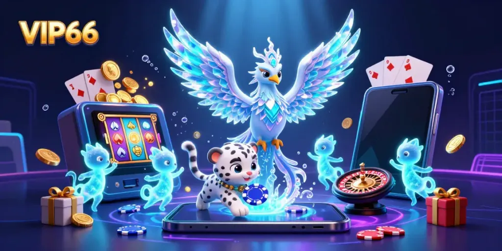 Experience thrilling gaming adventures at VIP66 with an enchanting ice phoenix and playful snowy friends.