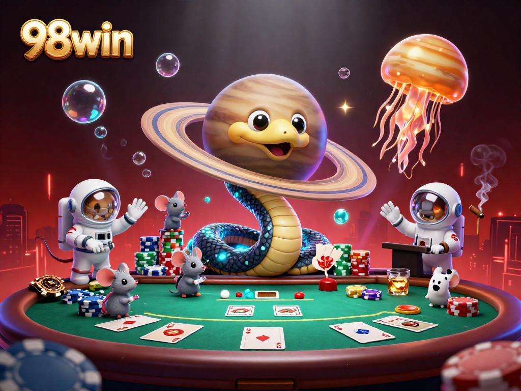 Engage with 98win's exciting cosmic gambling scene featuring vibrant characters and casino elements.