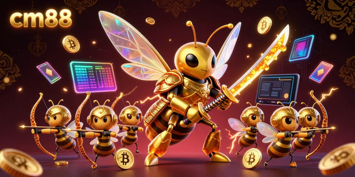 Experience the thrill of cm88 with a vivid 3D illustration depicting a golden hornet samurai in a dynamic casino scene.