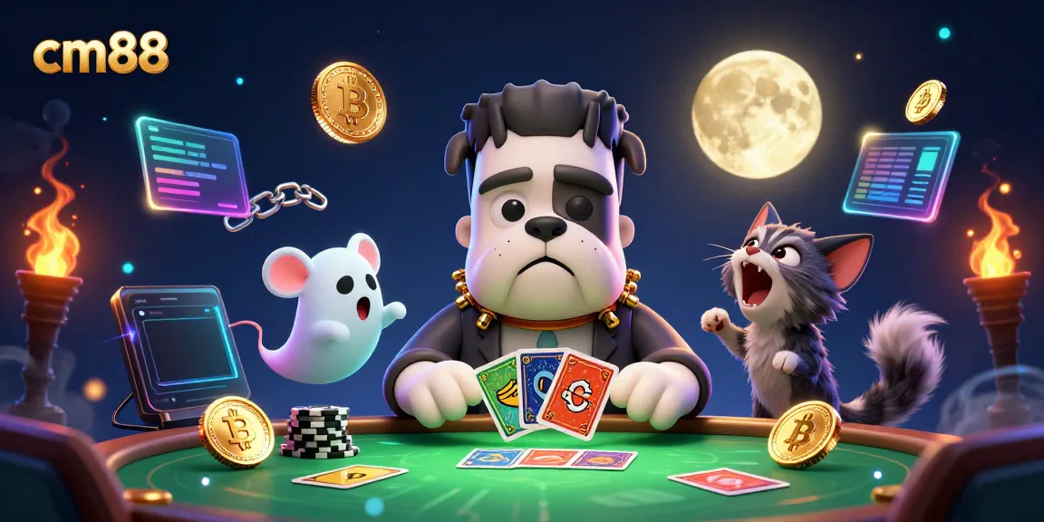 Experience excitement at cm88 casino with a unique 3D illustration of a bulldog dealer and ghost mouse.