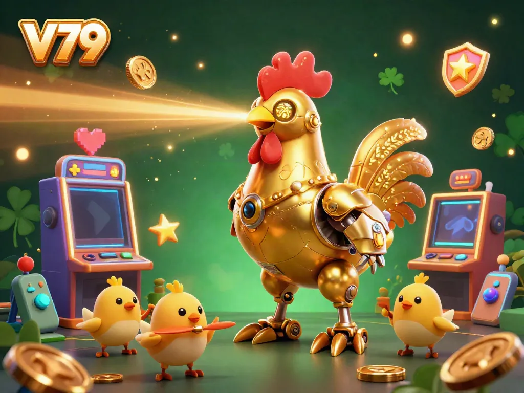 Experience V79's vibrant casino scene with a futuristic golden rooster robot and joyous chick drones.