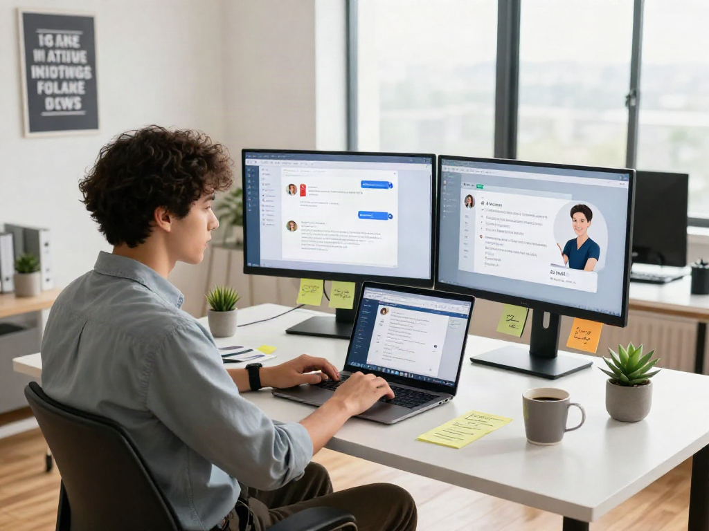 Engaging discussion with spicy chat ai on a laptop in a bright office.