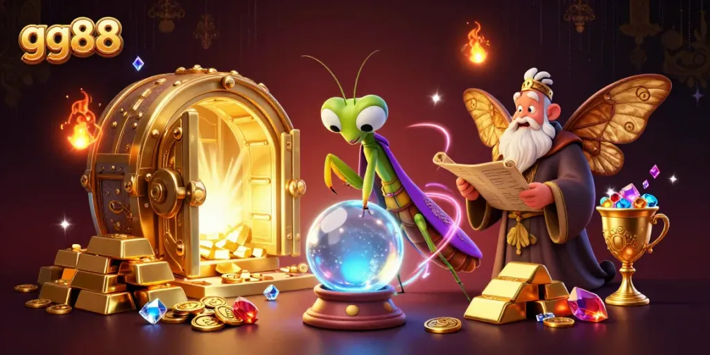 gg88 players winning big at an enchanting casino scene with vibrant treasures and mystical elements.