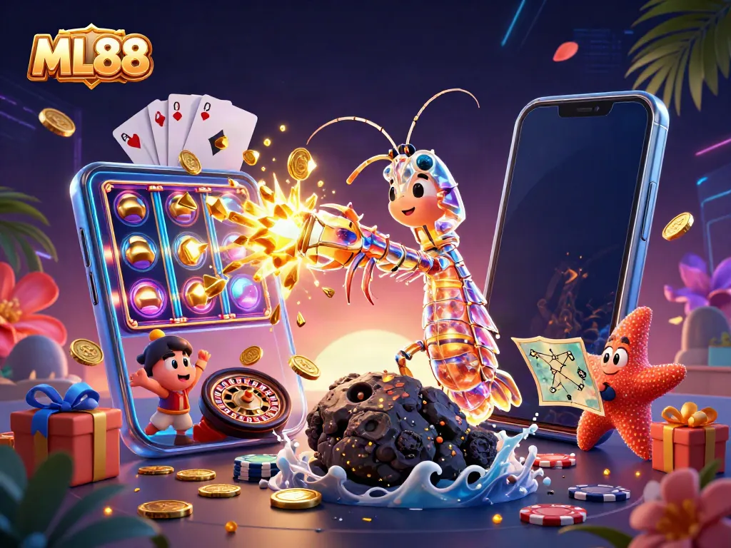 ML88 showcases vibrant gaming excitement with a galactic samurai shrimp amidst stunning casino elements.