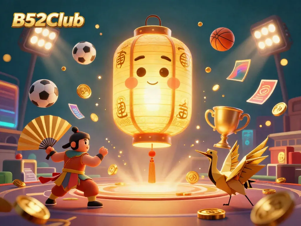 B52Club showcases a vibrant casino scene with a glowing golden lantern spirit surrounded by active sports elements.