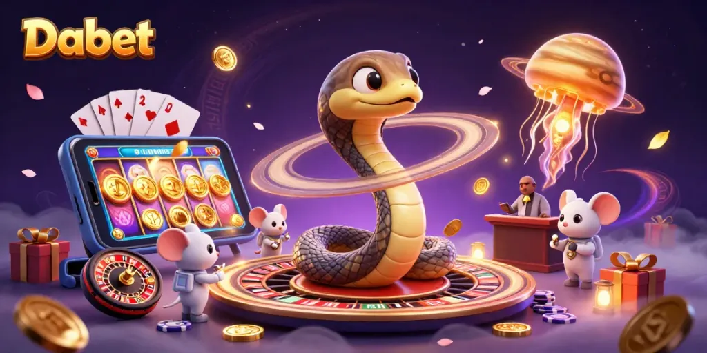 Dabet offers an engaging online gaming experience with vibrant casino elements like roulette wheels and slot games.