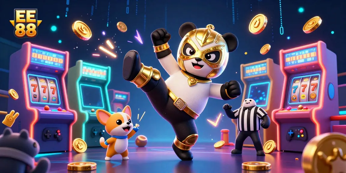 Experience the excitement of EE 88 with a thrilling kick from a wrestler panda amid vibrant casino visuals.
