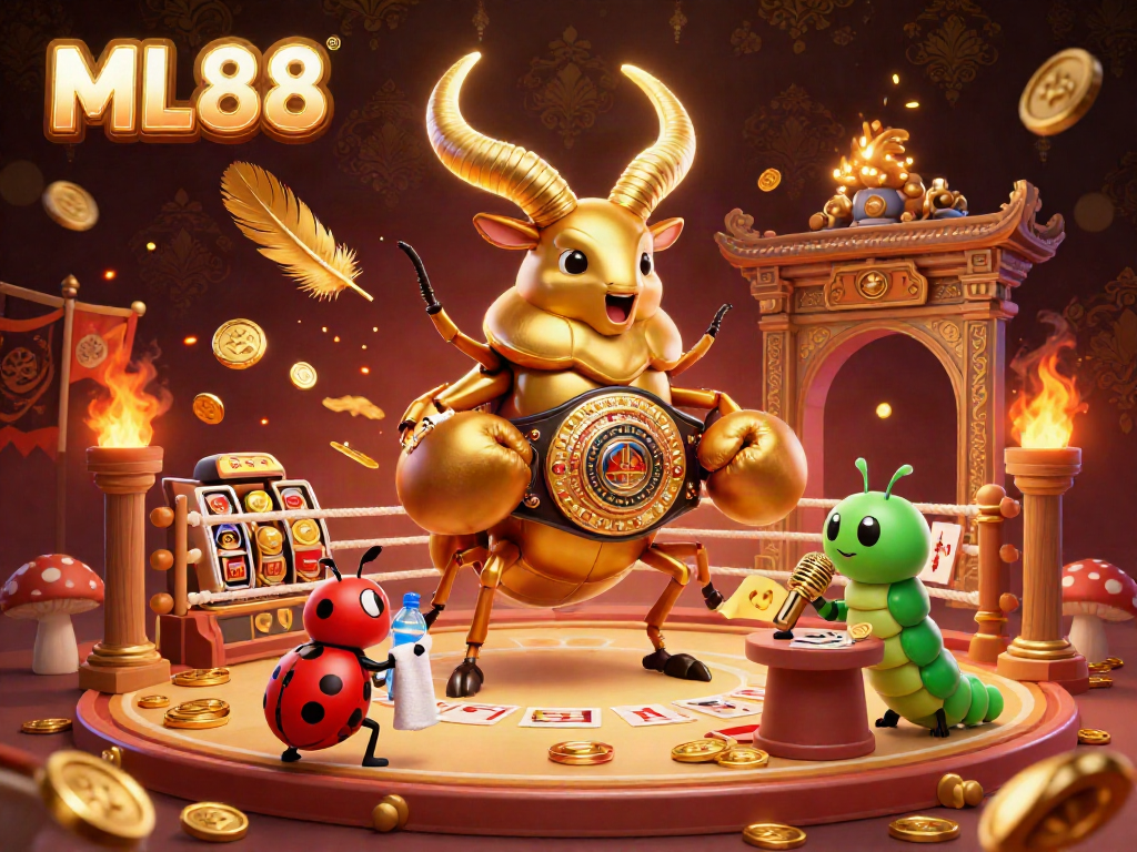 Engage in thrilling gambling action at ML88 with a vibrant 3D illustration of a golden stag beetle champion in a boxing ring surrounded by betting elements.