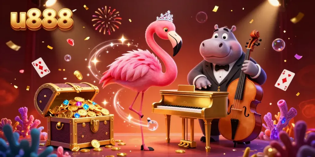 Experience thrilling casino action with u888 in this vibrant 3D illustration of flamboyant performers and treasure.