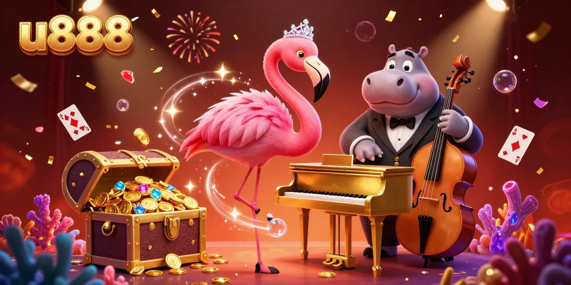 Experience thrilling casino action with u888 in this vibrant 3D illustration of flamboyant performers and treasure.