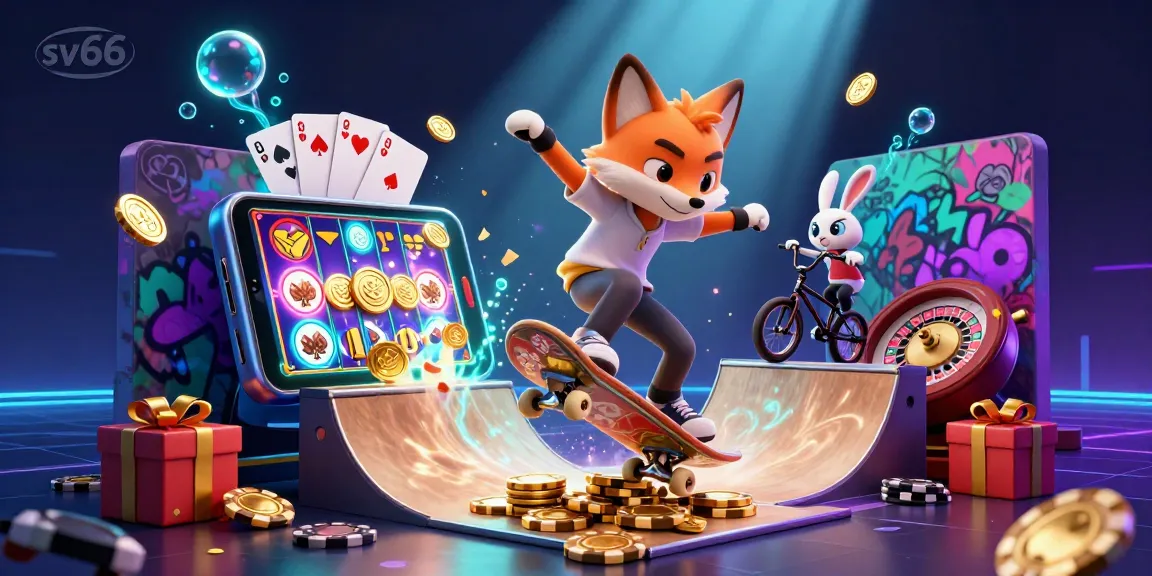 Experience thrilling casino adventures with sv66 in an action-packed illustration featuring skateboarding animals.