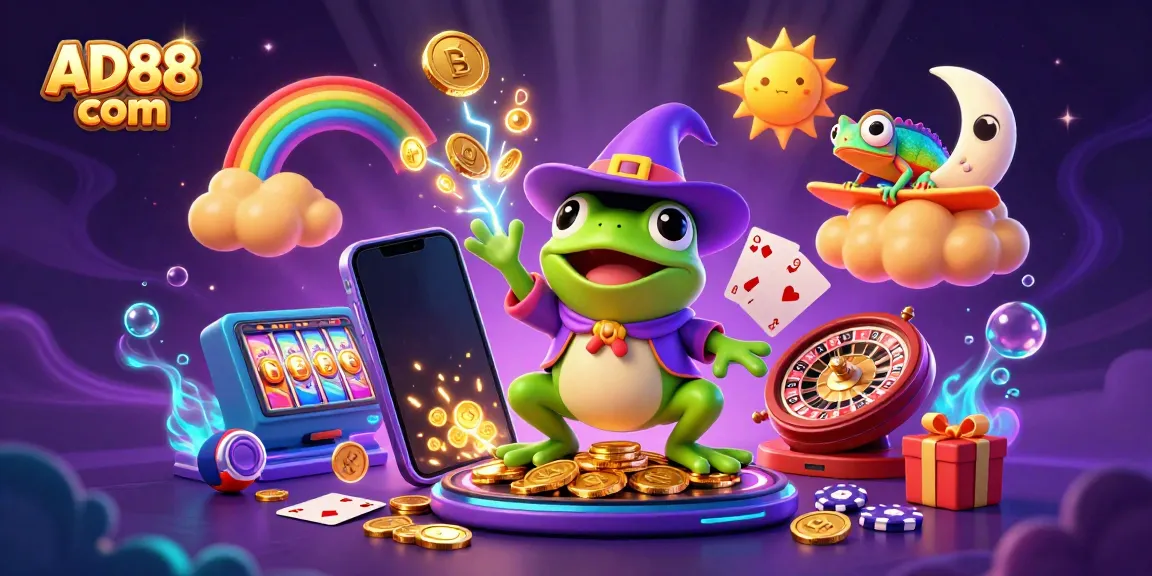 Experience the thrill of gaming with AD88 com through a magical illustration featuring vibrant characters and casino elements.