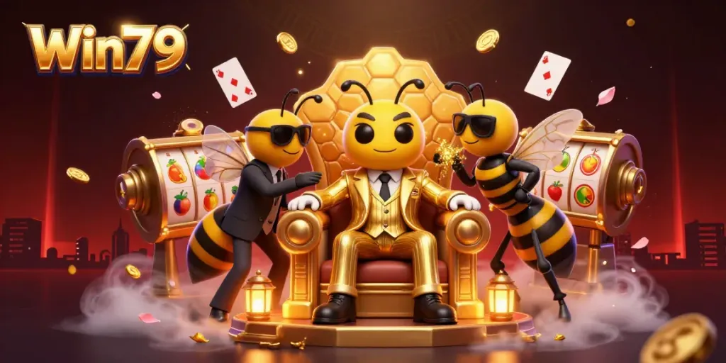 Win79's vibrant casino scene featuring a bumblebee mob boss, animated playing cards, and dynamic gold coin action.