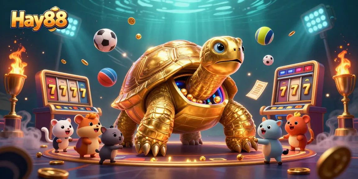 Engage with Hay88's exciting 3D casino scene featuring a golden tortoise slot machine.