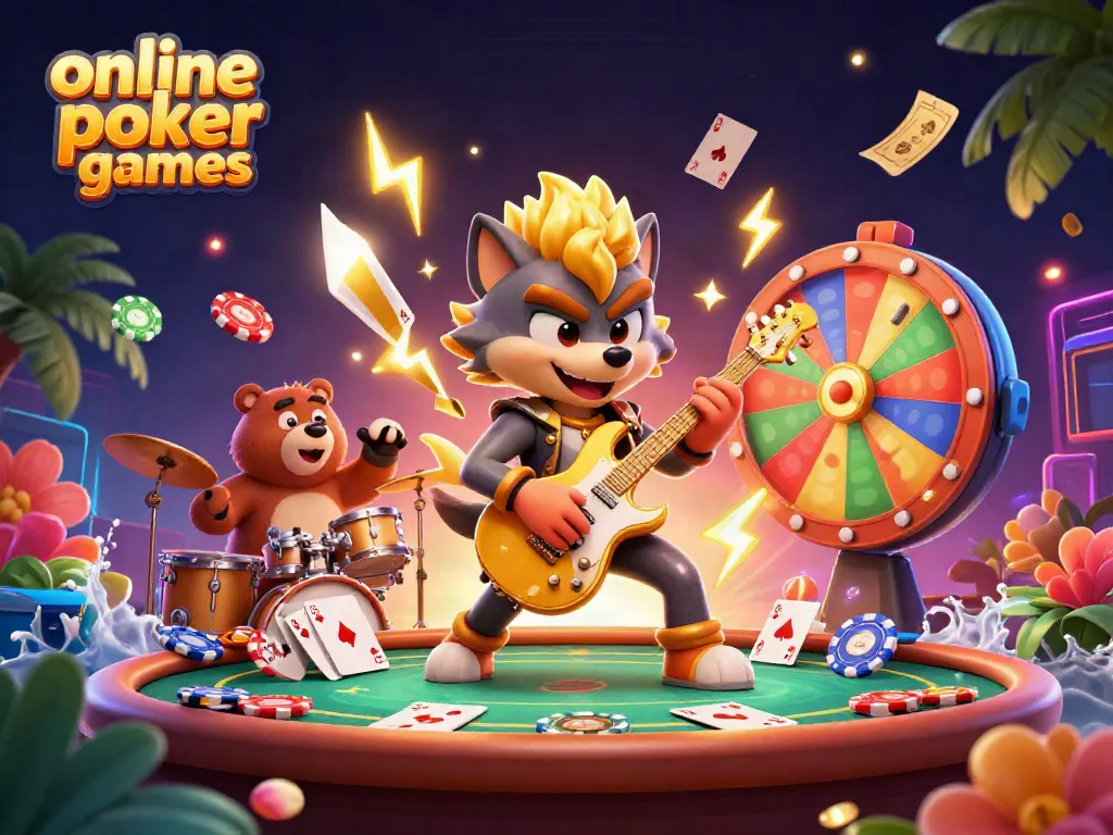 Engaging 3D illustration promoting online poker games with vibrant characters and casino elements.
