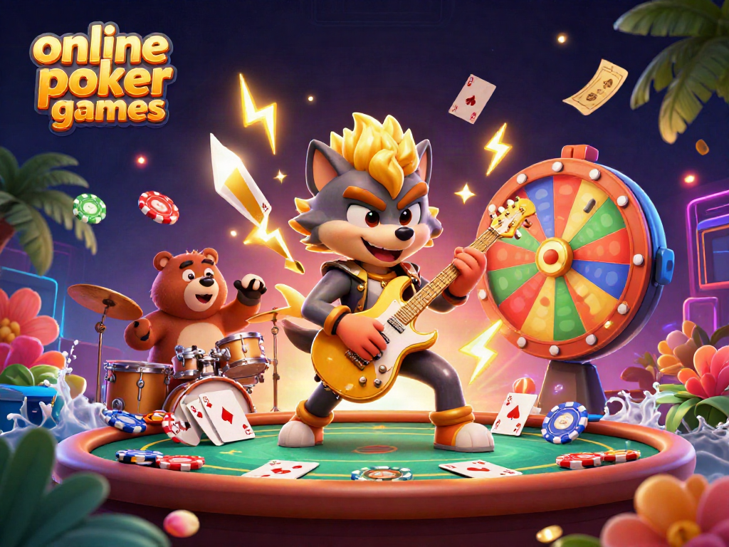 Engaging 3D illustration promoting online poker games with vibrant characters and casino elements.