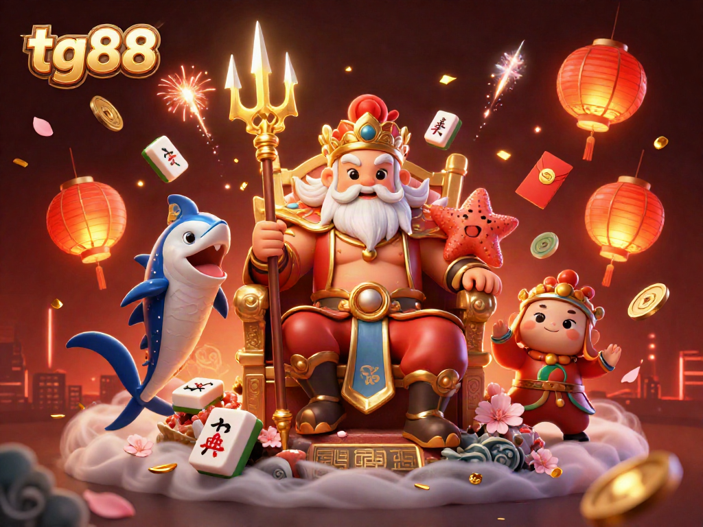 Experience tg88’s vibrant gaming world with Neptune and samurai surrounded by lucky symbols.
