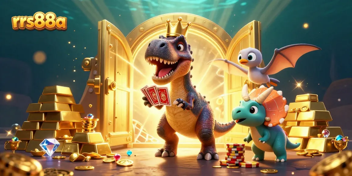 Engage with rrs88a's thrilling casino adventure featuring T-Rex and friends in a treasure-filled scene.