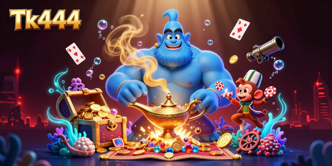 Experience the magic of Tk444 with a genie, a monkey, and poker chips in an enchanting underwater scene.
