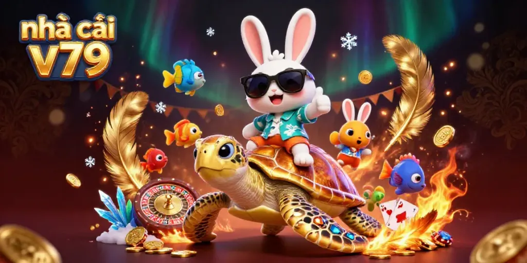 Engaging illustration of nhà cái v79 showcasing a lucky rabbit and golden turtle in a lively casino scene.