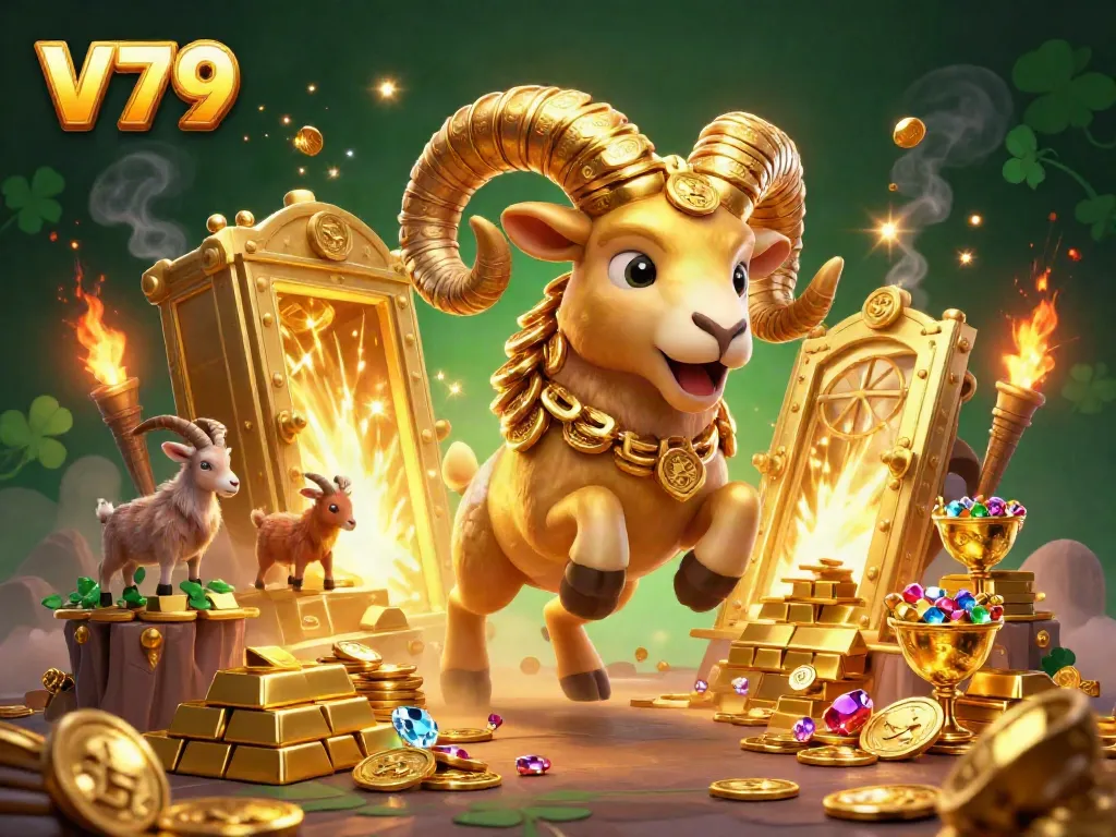 Experience the exciting offerings of V79 with a golden ram mascot charging through a treasure vault, representing the thrill of online gambling.