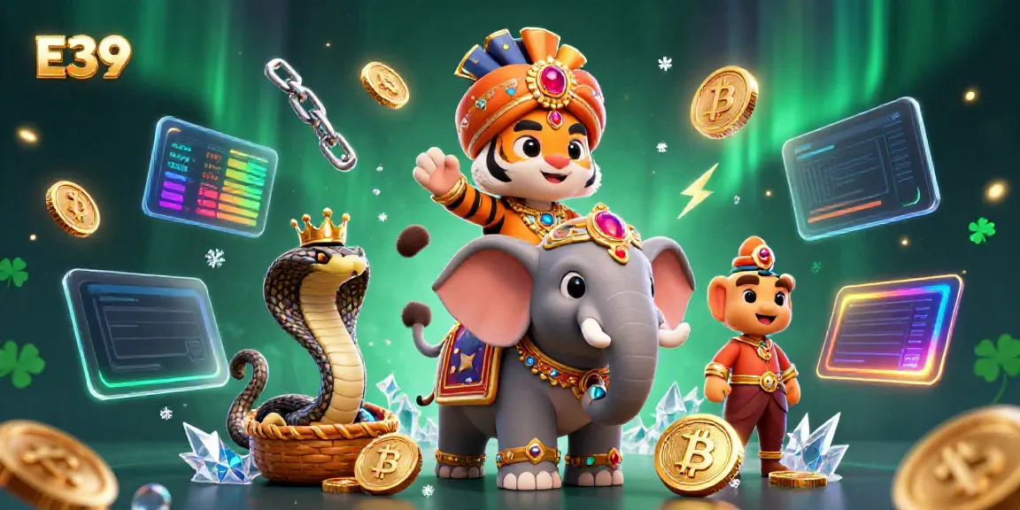 E39 illustrated scene showcasing a cartoon maharaja tiger, elephant, and cobra amidst crypto elements, symbolizing winnings