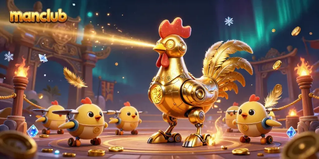 Experience the thrill at manclub with a futuristic golden rooster robot leading the way in an immersive casino adventure.