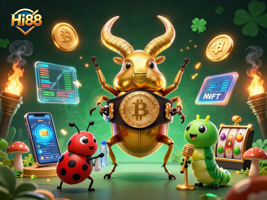 Engage with Hi88 by spinning slot reels in a vibrant 3D casino illustration featuring playful characters and crypto elements.