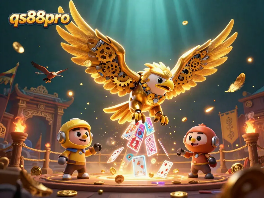 Engage in thrilling gaming at qs88pro with a golden eagle amidst dynamic casino elements.