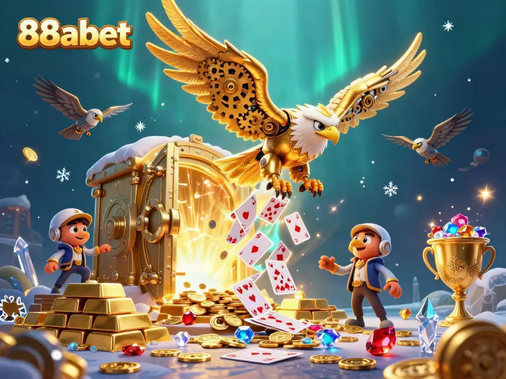 Experience the thrill of 88abet as golden eagles soar through a cascade of playing cards in a dazzling casino world.