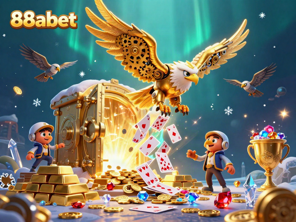 Experience the thrill of 88abet as golden eagles soar through a cascade of playing cards in a dazzling casino world.