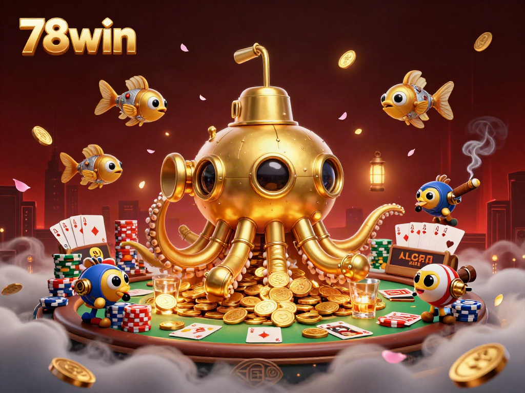 Engage in thrilling gameplay at 78win with a golden kraken submarine amidst poker chips.