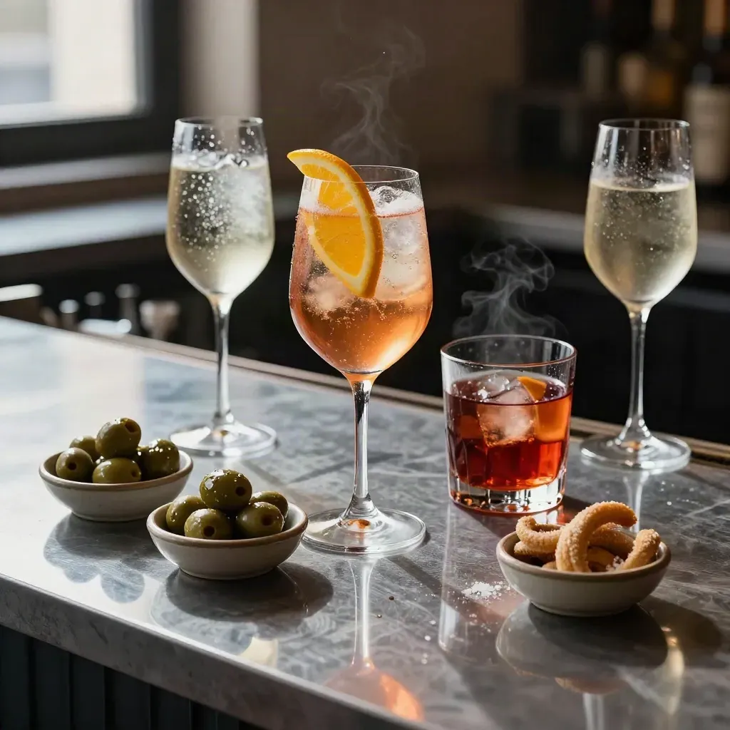 Spritz, negroni e stuzzichini su banco a specchio con condensa e riflessi eleganti