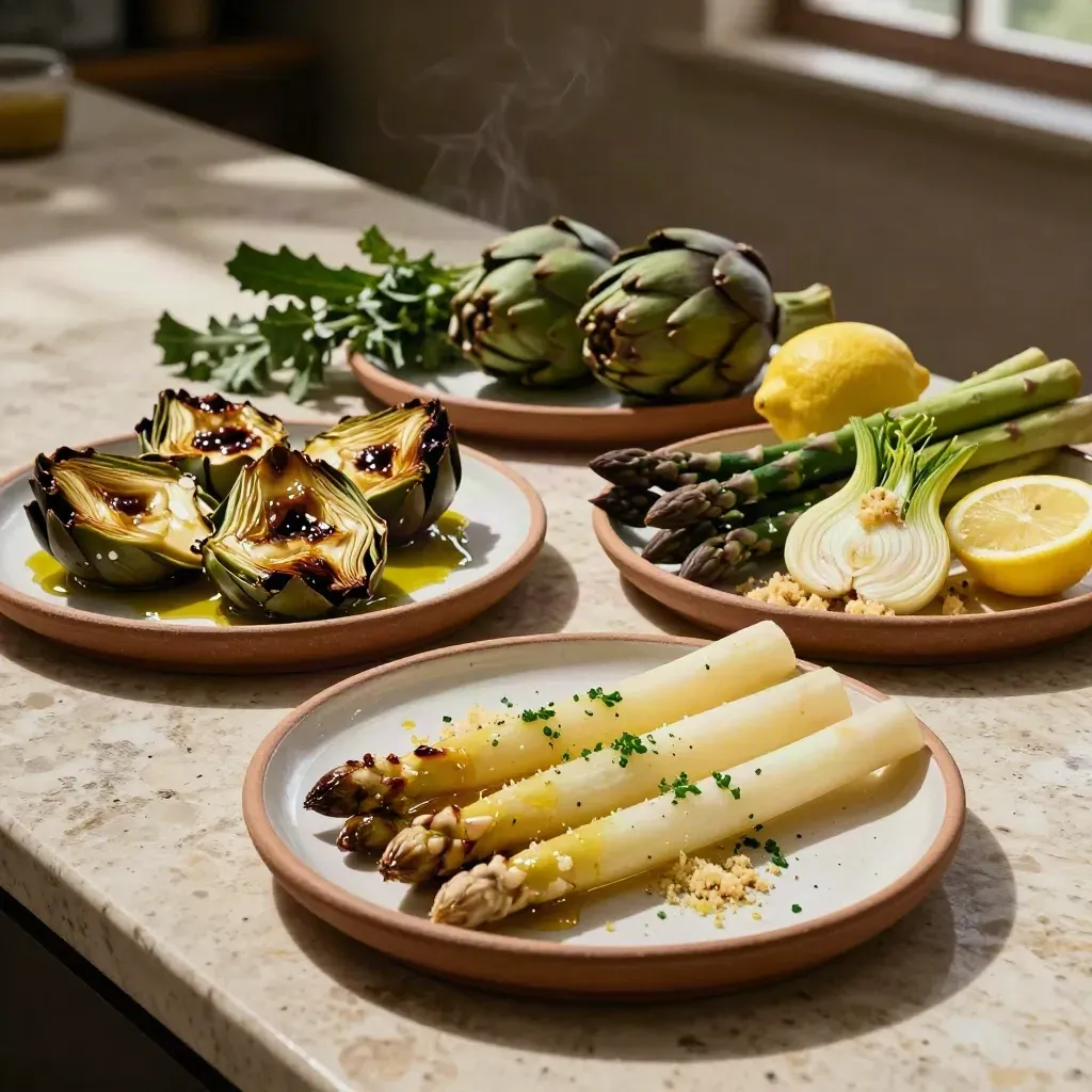 Tre piatti stagionali italiani con carciofi, asparagi bianchi e agrumi su pietra, luce morbida.
