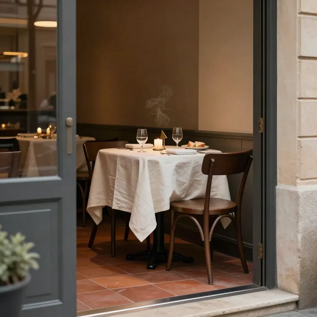 Tavolo riservato per due con candele e bicchieri in un ristorante elegante.