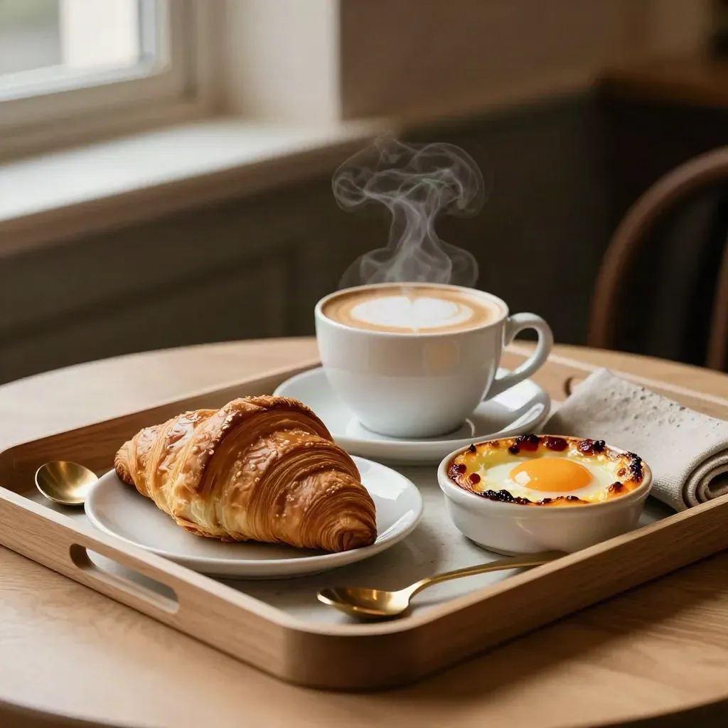 Vassoio colazione con cappuccino, croissant, uova al forno e frutta su legno chiaro.