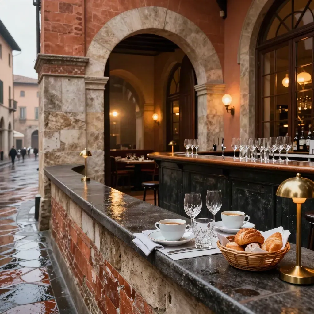 Terrazza elegante su piazza bagnata, colazioni, bar e sala privata in luce serale.