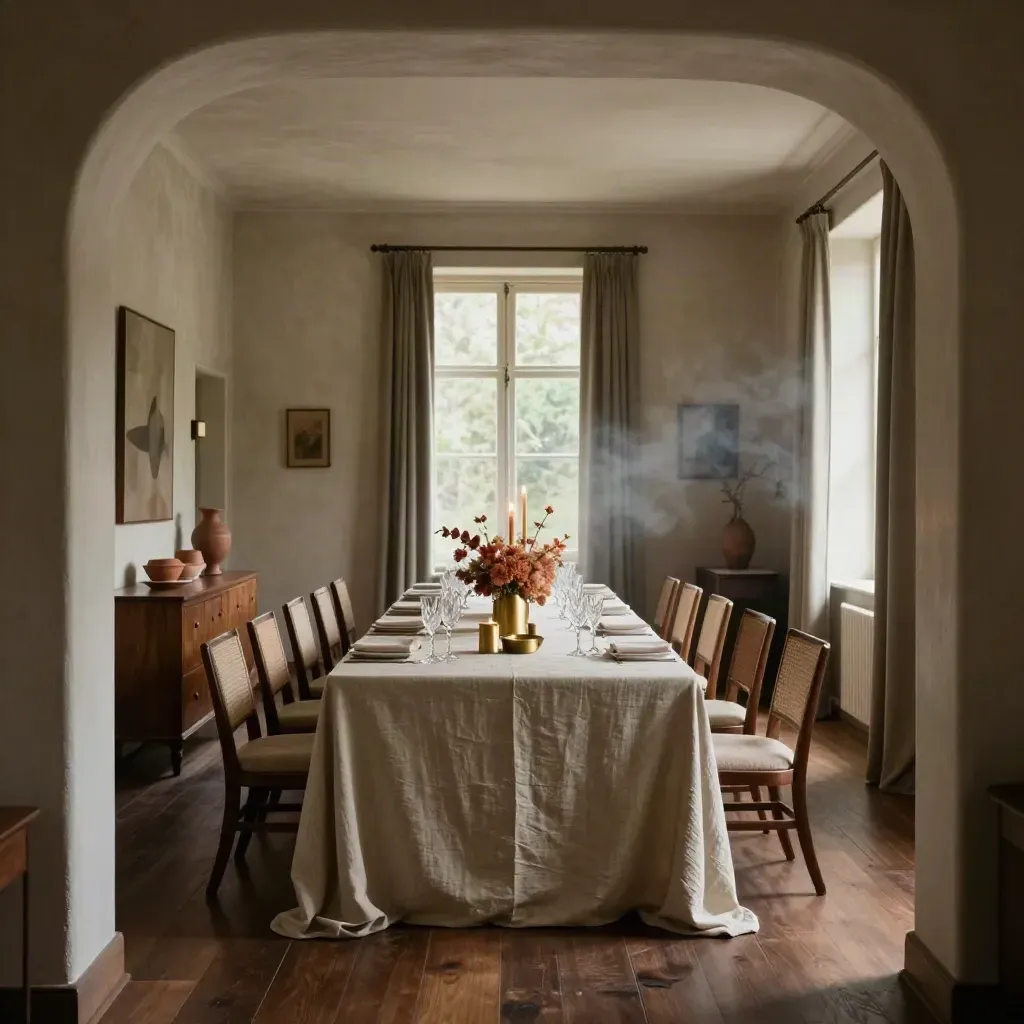 Sala privata elegante con tavolo lungo, candele, calici e fiori bassi, pronta per una cena esclusiva.