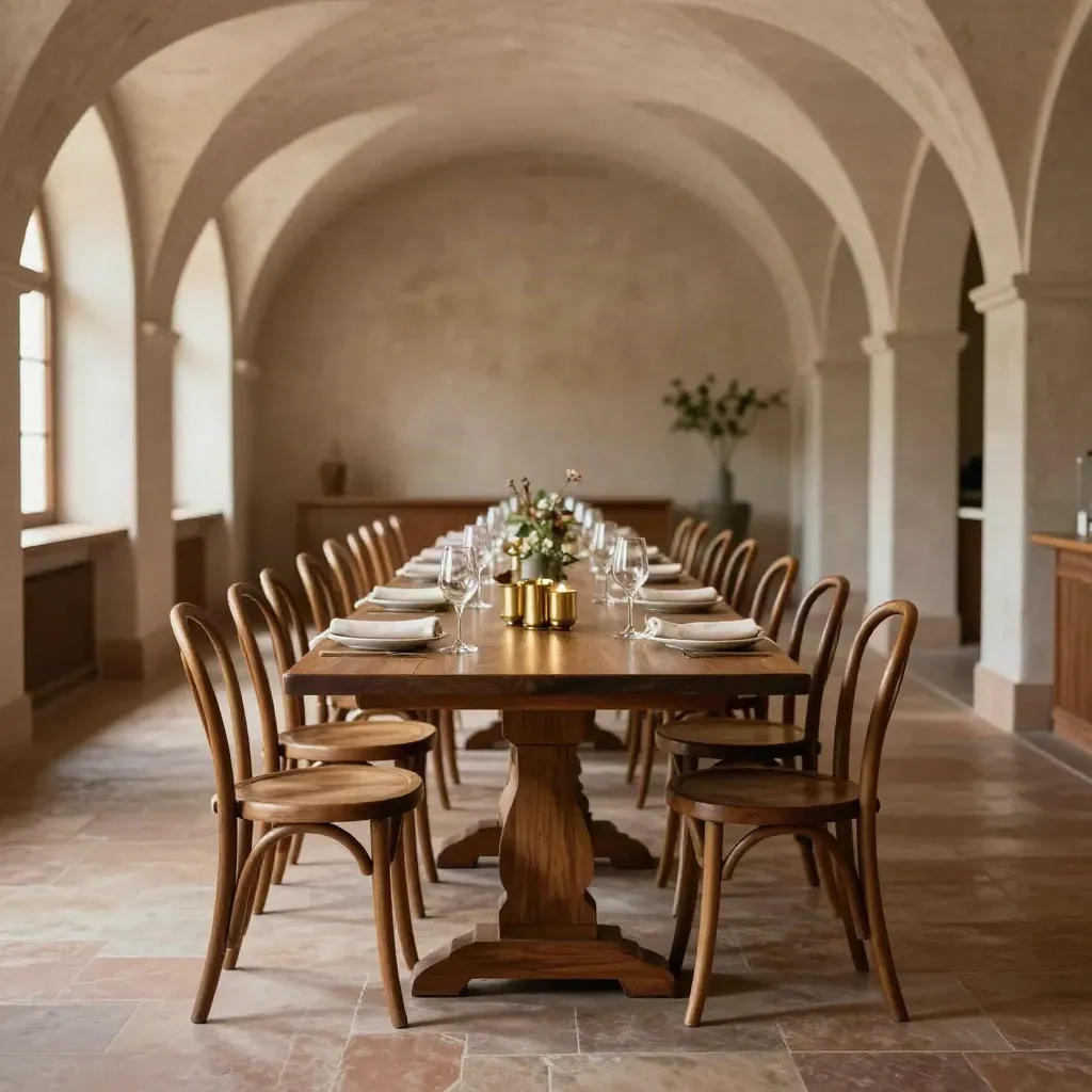 Sala ad arco allestita per un evento di gruppo con tavoli modulari, candele e bicchieri.