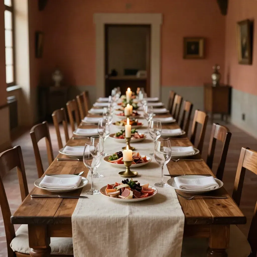 Tavolo privato per anniversario apparecchiato per dodici, candele, calici e antipasti stagionali.