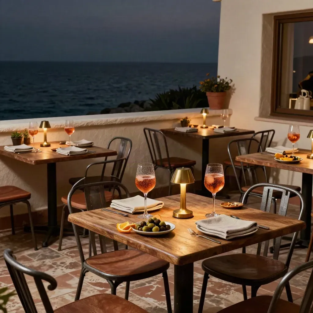 Terrazza per aperitivo pronta, con bicchieri di spritz, piattini e luci soffuse al tramonto.