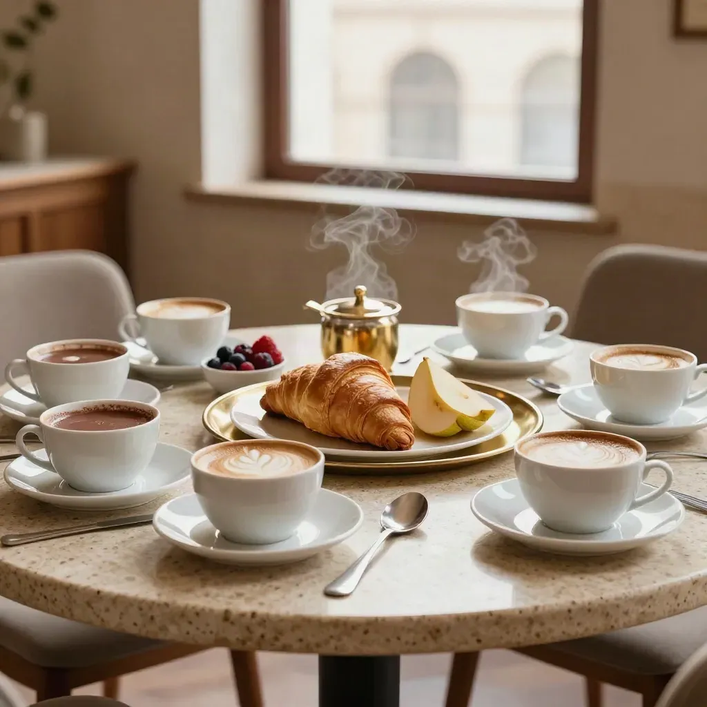Colazione elegante su tavolo rotondo con cappuccini, dolci, frutta e dettagli in ottone