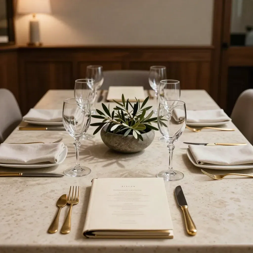 Tavolo per cena privata apparecchiato con menu, calici, ulivo e luce calda soffusa.