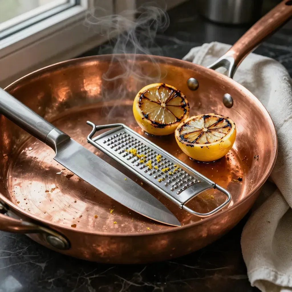 Padella di rame con coltello, microplane, limoni bruciati e canovaccio su marmo scuro.