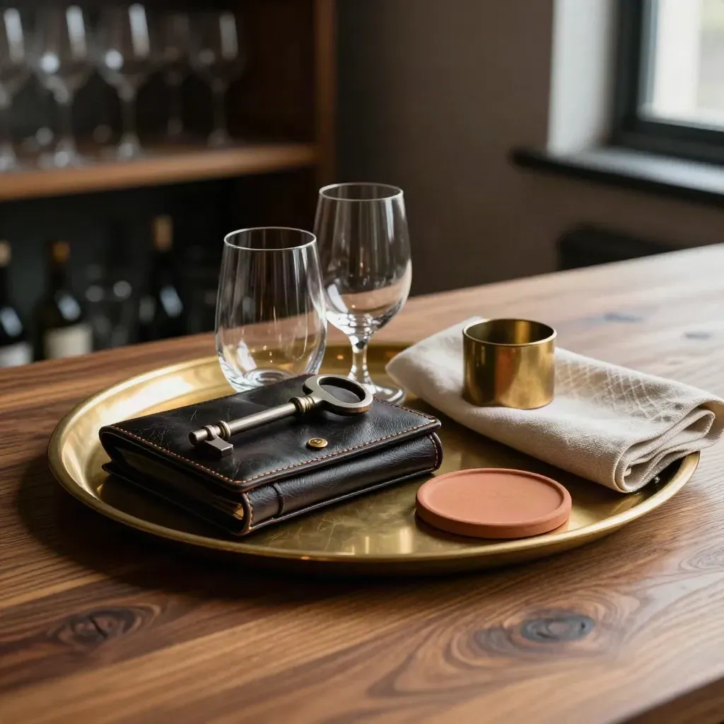 Vassoio in ottone, calici e porta conto su banco host in legno