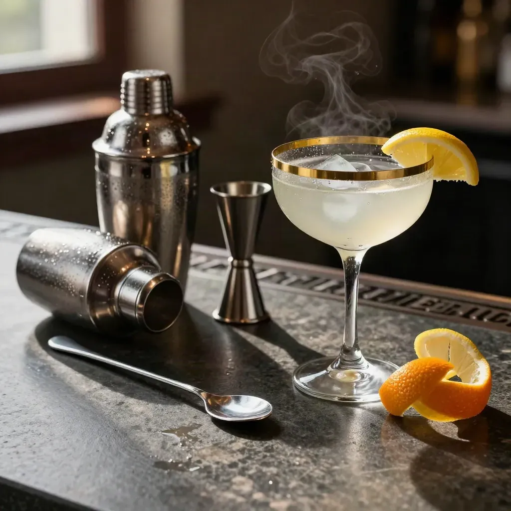 Strumenti da bartender con cocktail filtrato, ghiaccio che si scioglie e scorze di agrumi su pietra scura.