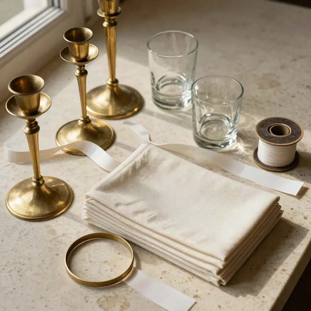 Flatlay di candelieri in ottone, nastri, tovaglioli in lino e votive su travertino crema.